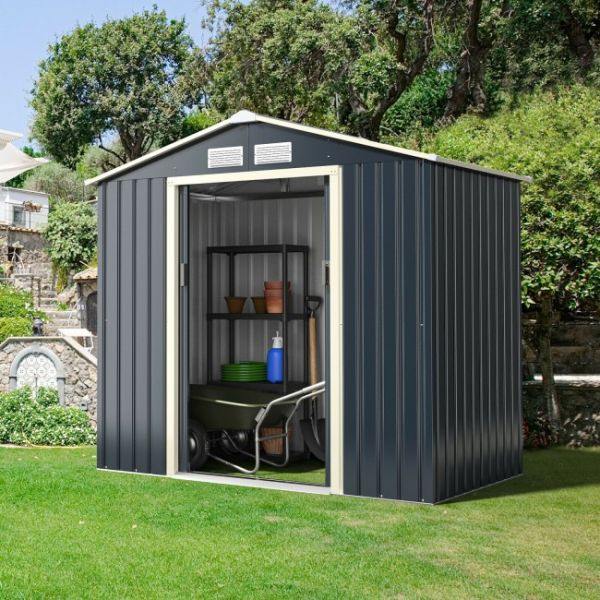 Metal Storage Shed - (7' Width x 4' Depth) Gray, Green, & Coffee Brown - Sheds For Space