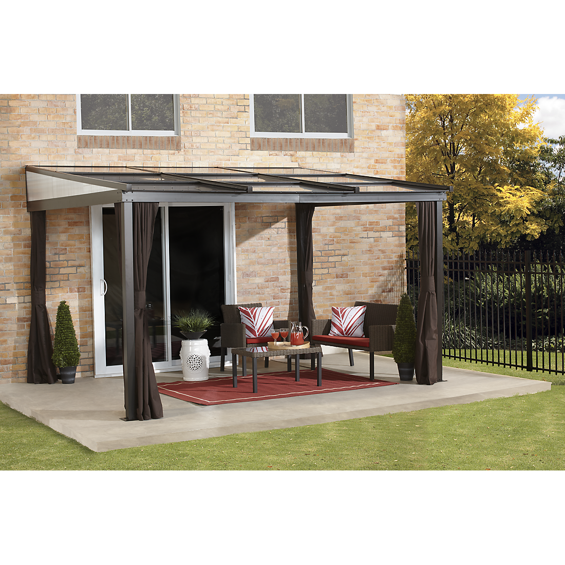 Budapest Wall-Mounted Hardtop Gazebo, 10 ft. x 12 ft. Dark Brown (Retractable Roof) - Sheds For Space