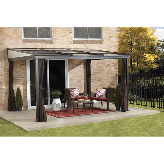 Budapest Wall-Mounted Hardtop Gazebo, 10 ft. x 12 ft. Dark Brown (Retractable Roof) - Sheds For Space