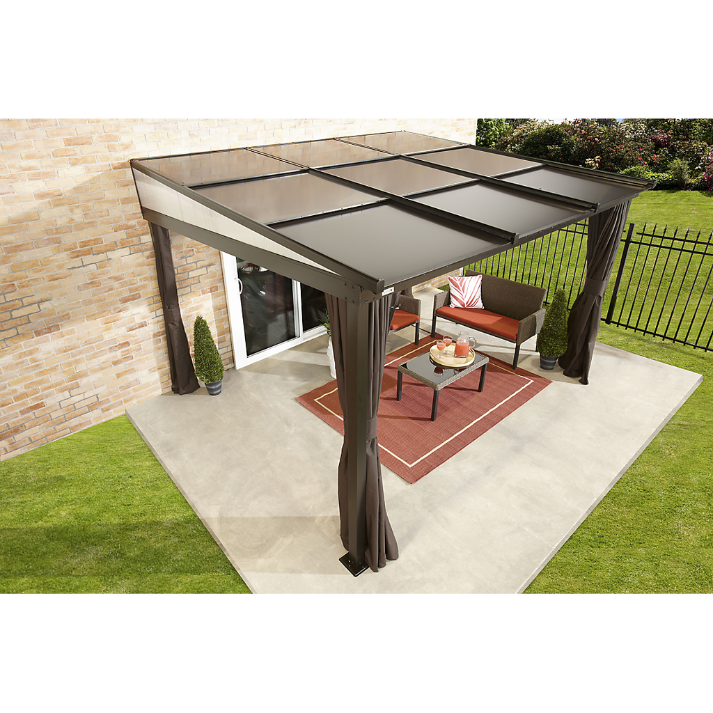 Budapest Wall-Mounted Hardtop Gazebo, 10 ft. x 12 ft. Dark Brown (Retractable Roof) - Sheds For Space