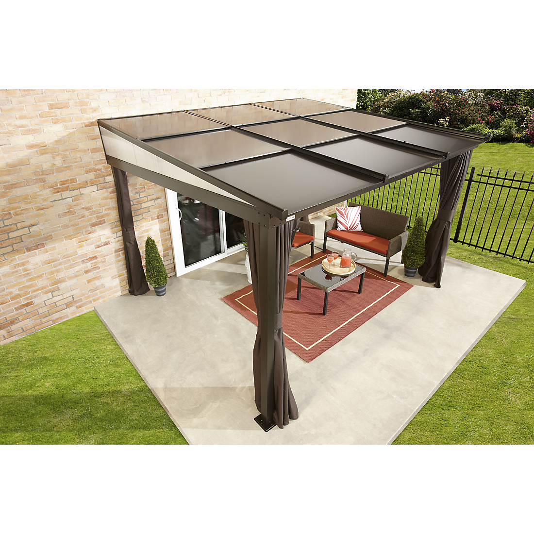 Budapest Wall-Mounted Hardtop Gazebo, 10 ft. x 12 ft. Dark Brown (Retractable Roof) - Sheds For Space