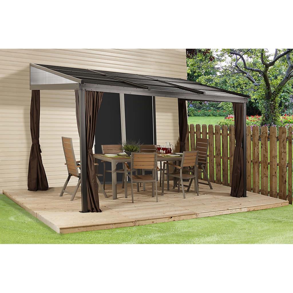 Francfort Wall-Mounted Hardtop Gazebo, 10 ft. x 12 ft. Dark Brown (Retractable Roof) - Sheds For Space