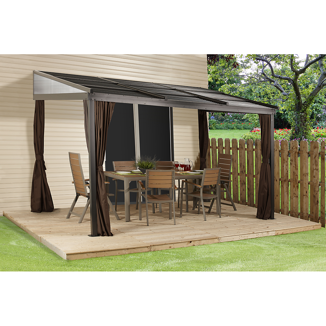 Francfort Wall-Mounted Hardtop Gazebo, 10 ft. x 12 ft. Dark Brown (Retractable Roof) - Sheds For Space