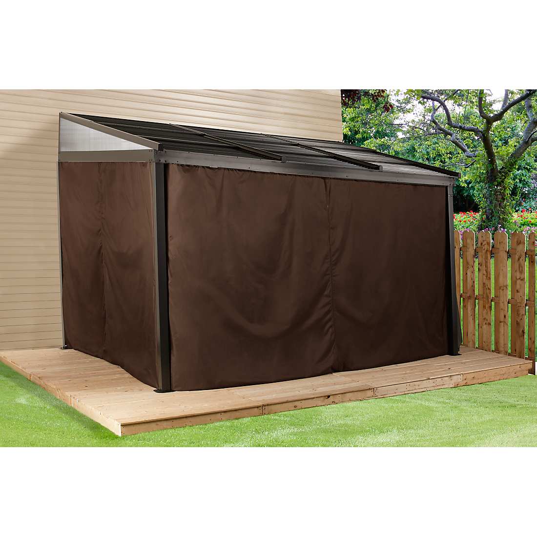 Francfort Wall-Mounted Hardtop Gazebo, 10 ft. x 12 ft. Dark Brown (Retractable Roof) - Sheds For Space