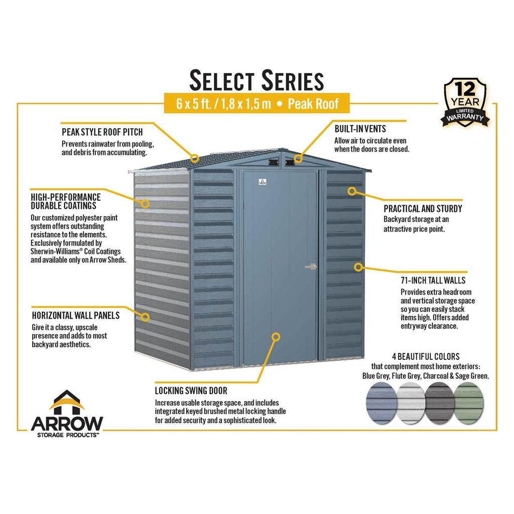 Arrow Select Steel Storage Shed, 6' Width x 5' Depth - Sheds For Space