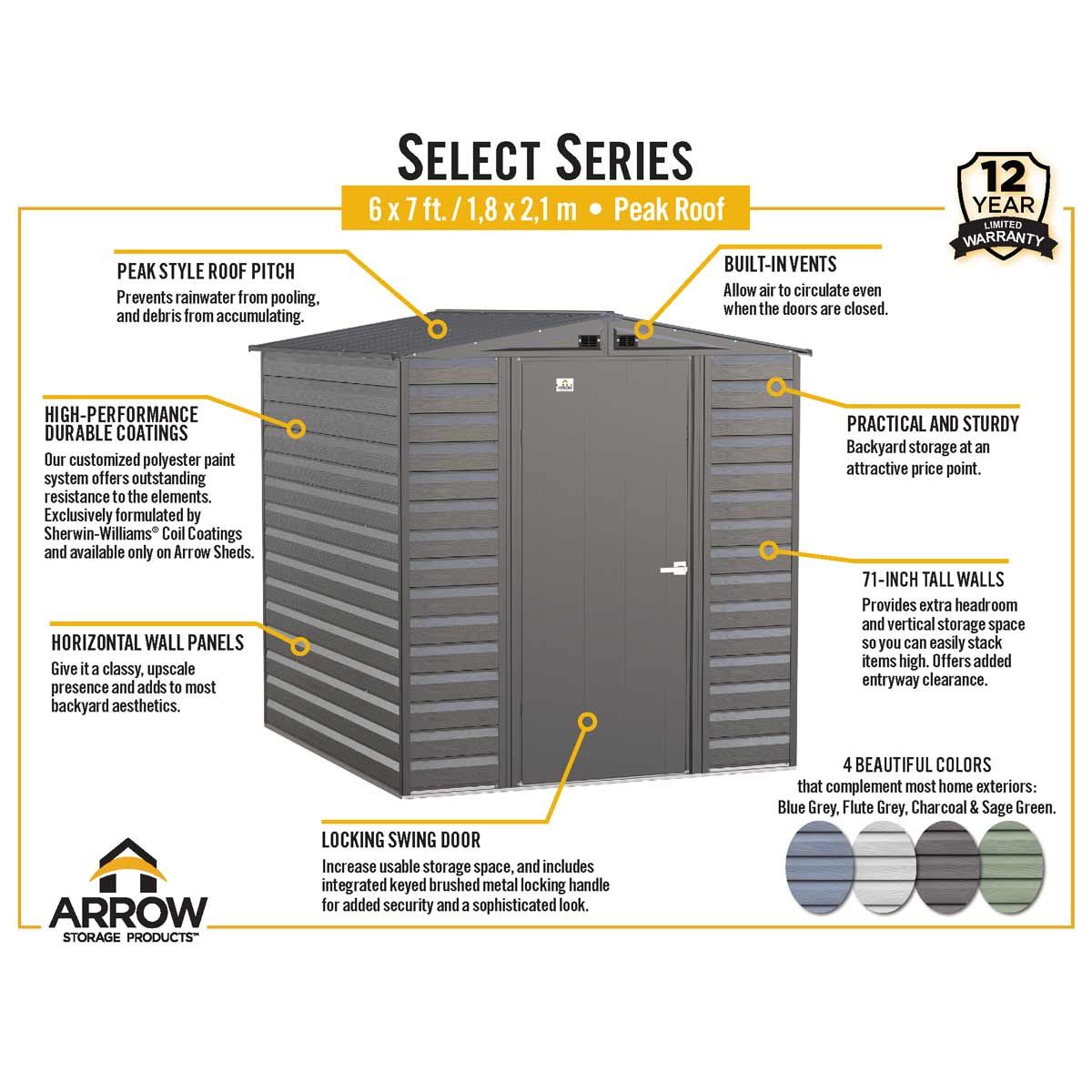 Arrow Select Steel Storage Shed, 6' Width x 7' Depth - Sheds For Space