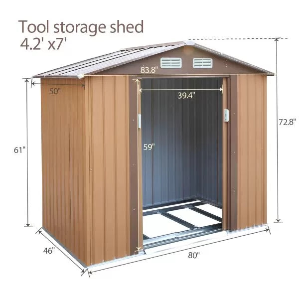 Metal Storage Shed - (7' Width x 4' Depth) Gray, Green, & Coffee Brown - Sheds For Space