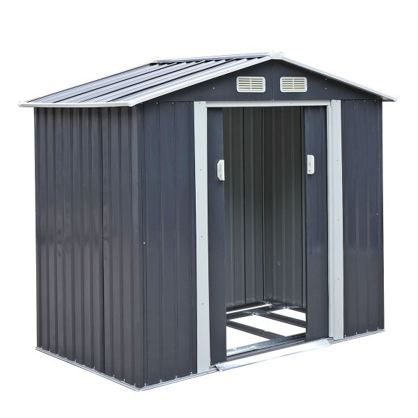 Metal Storage Shed - (7' Width x 4' Depth) Gray, Green, & Coffee Brown - Sheds For Space