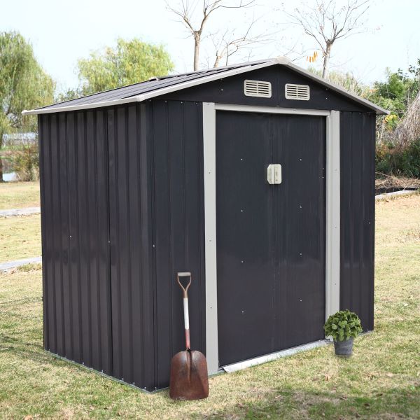 Metal Storage Shed - (7' Width x 4' Depth) Gray, Green, & Coffee Brown - Sheds For Space