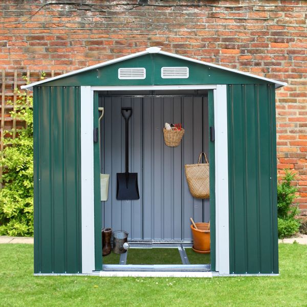 Metal Storage Shed - (7' Width x 4' Depth) Gray, Green, & Coffee Brown - Sheds For Space